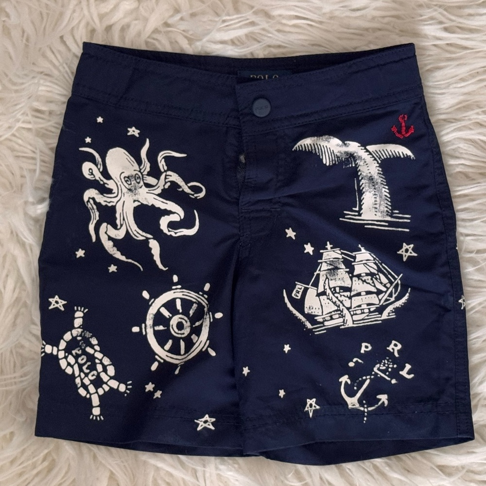 Polo by Ralph Lauren Blue and White Nautical Swim Trunks